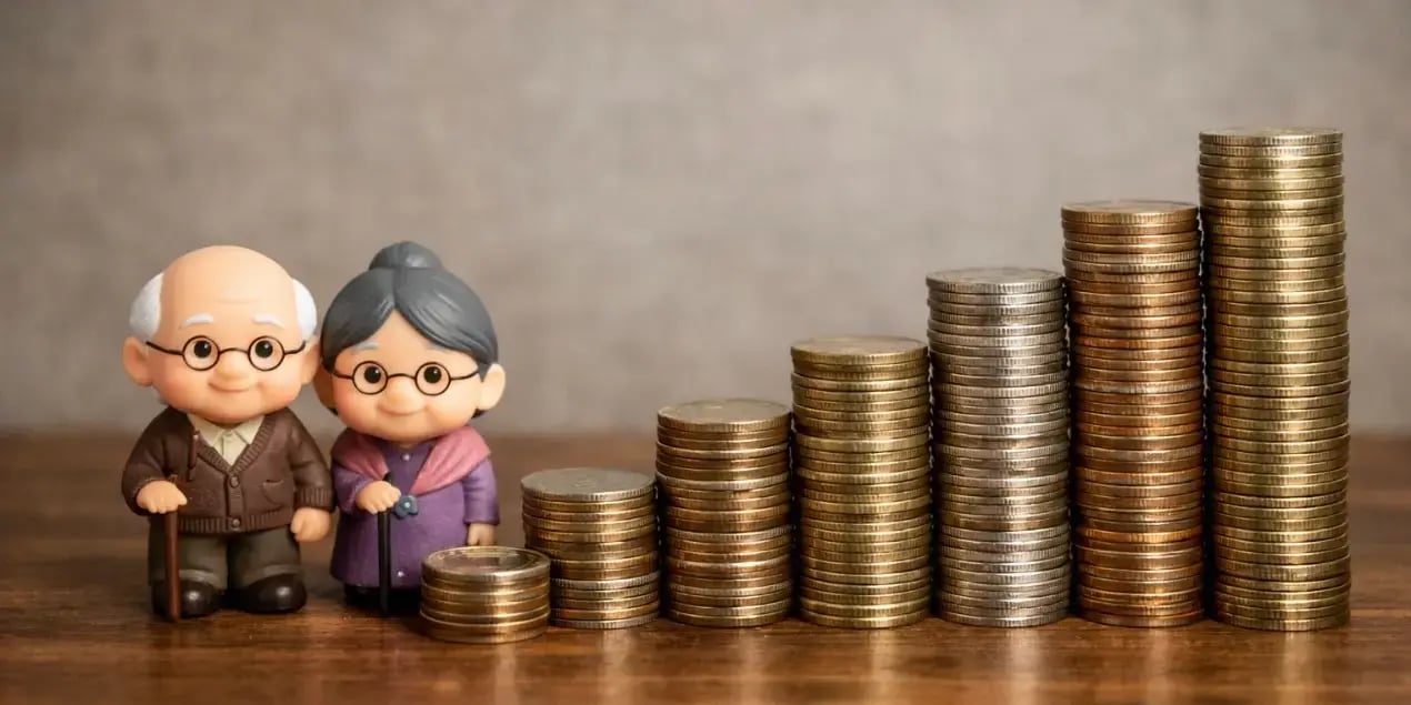 Una torre de monedas que va en aumento y al principio de ellas estan dos figuras de plastico de dos personas mayores