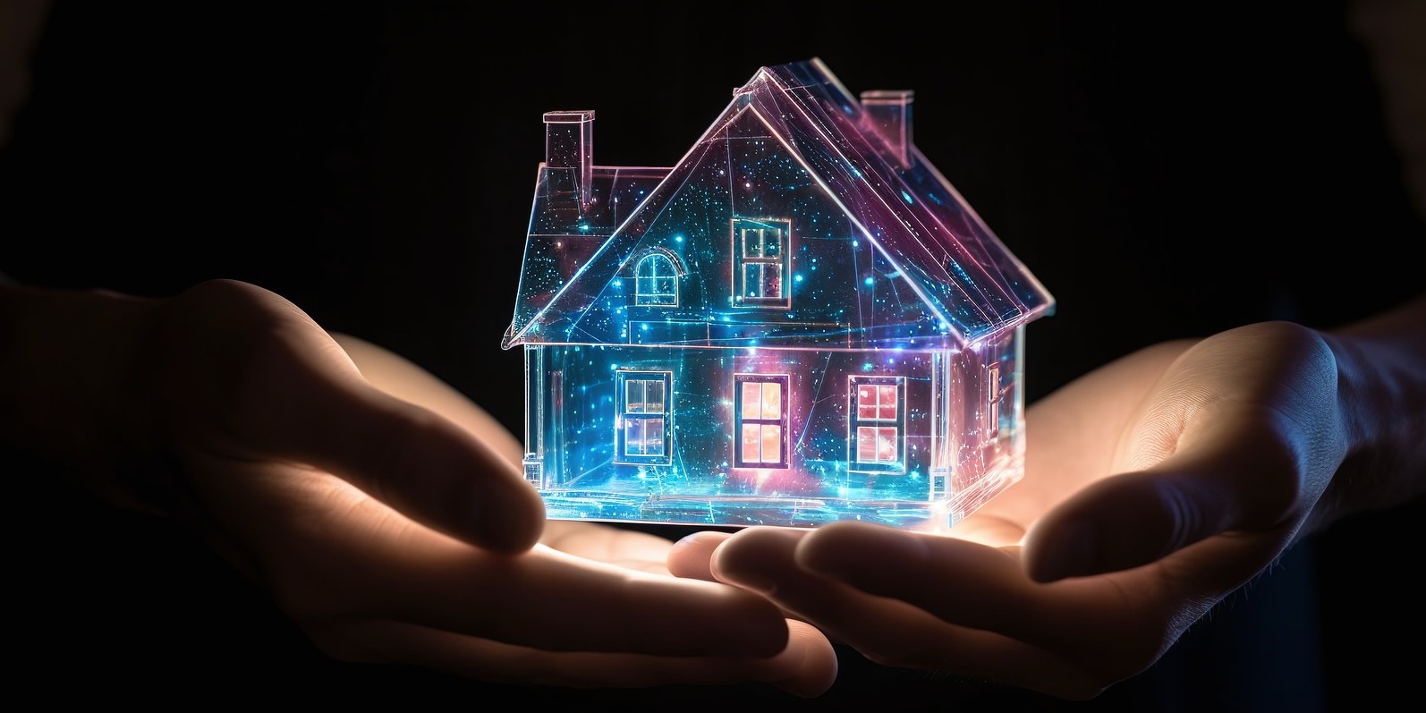 Dos manos sostienen una casa transparente que tiene una constelación y luces de colores.