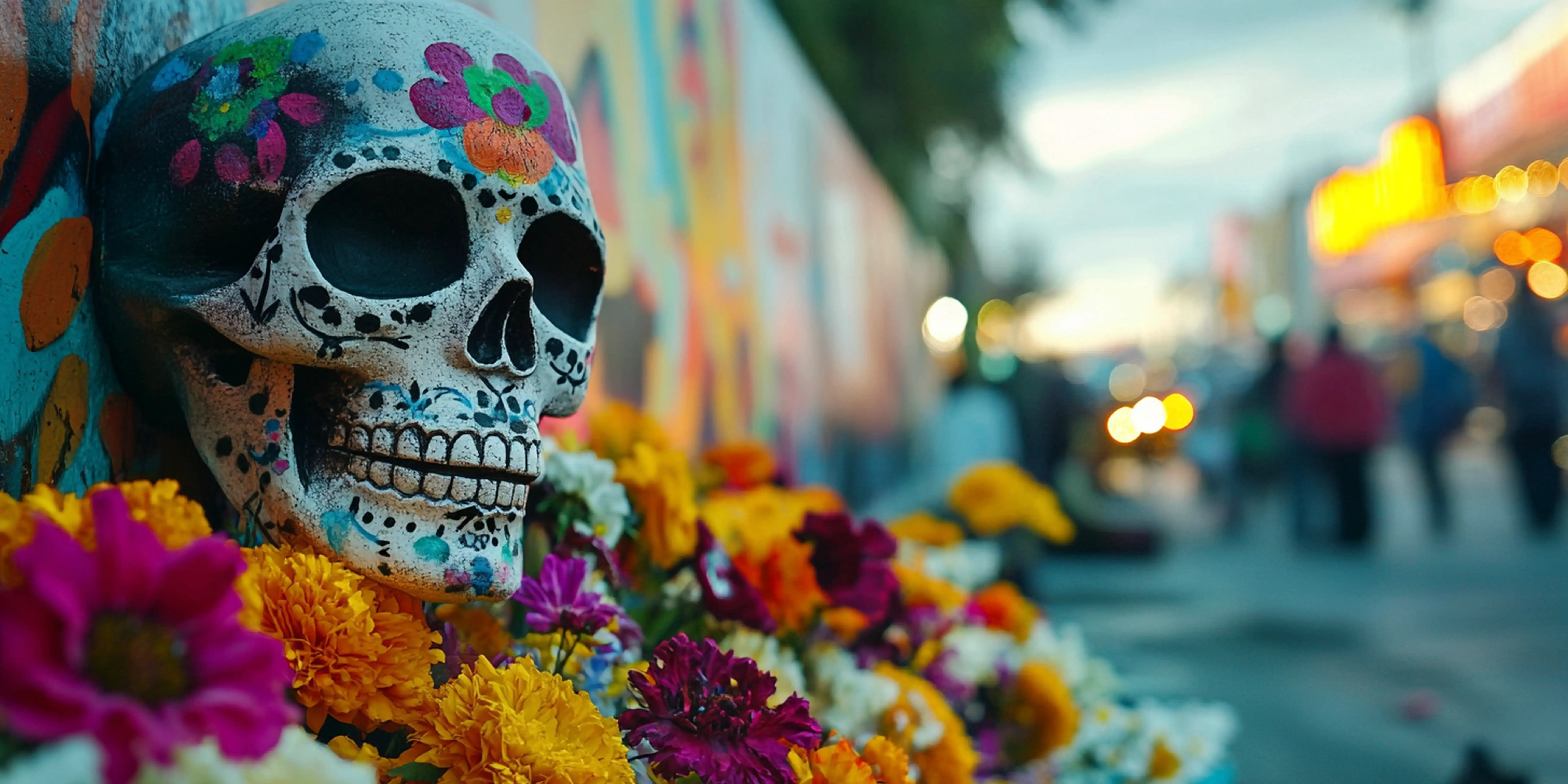 Calavera y flores de cempasúchil. Día de muertos