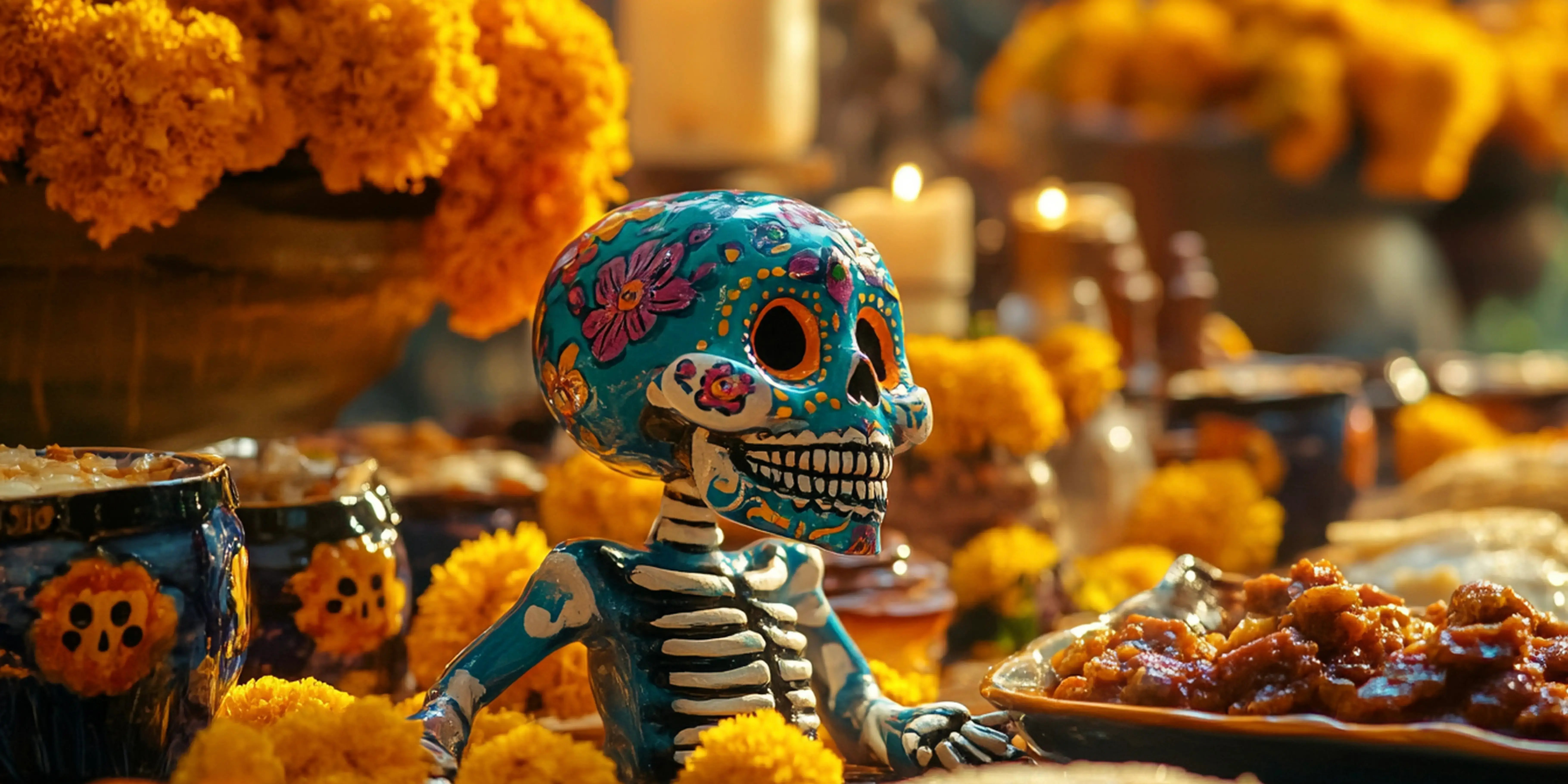 Altar con flores de cempasúchil y comida. Día de muertos