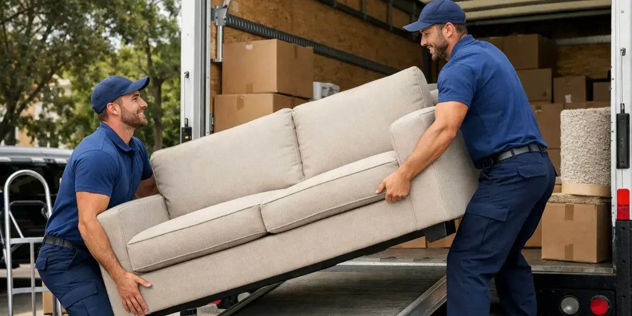 dos hombres de mudanza subiendo un sillon al camion