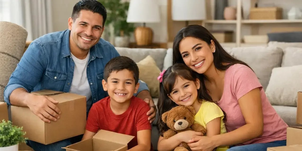 familia mexicana con cajas de mudanza en la sala