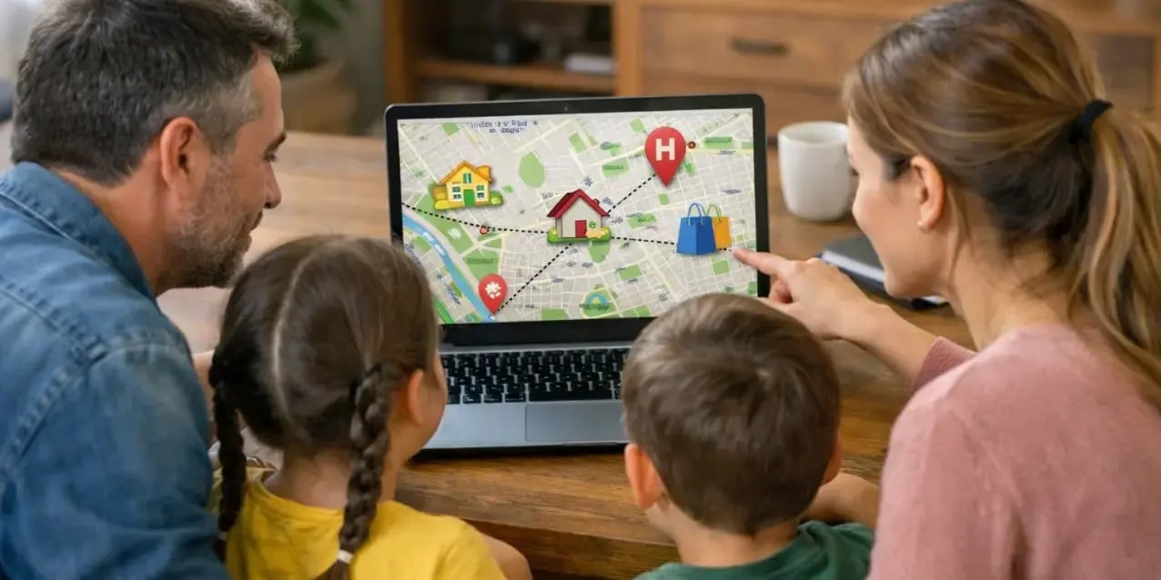 familia viendo en google maps que tan lejos est la escuela hospitales y centros comerciales de su casa