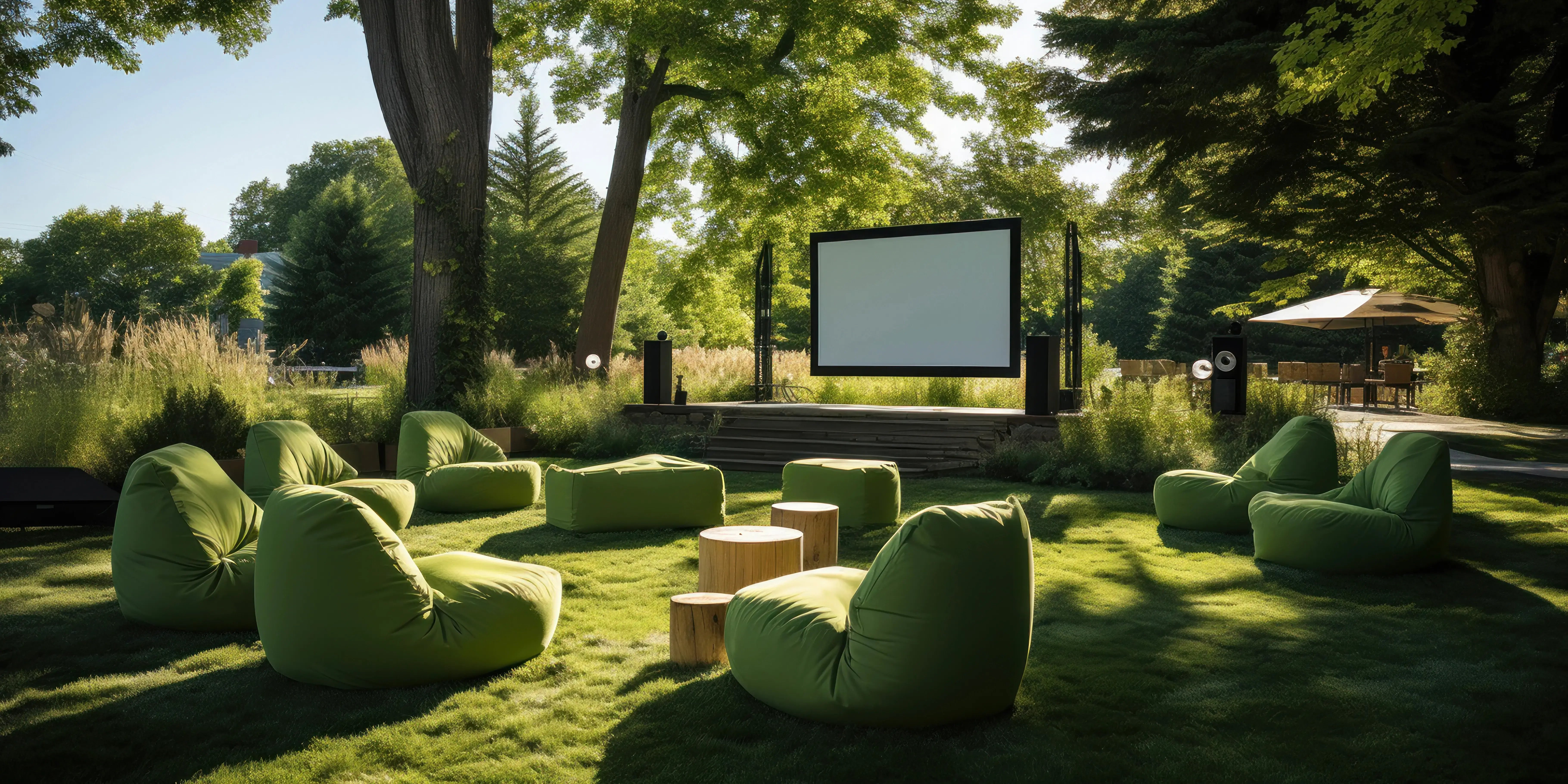 Pantalla y sillones en el jardín. Conectar con tus vecinos en San Valentín