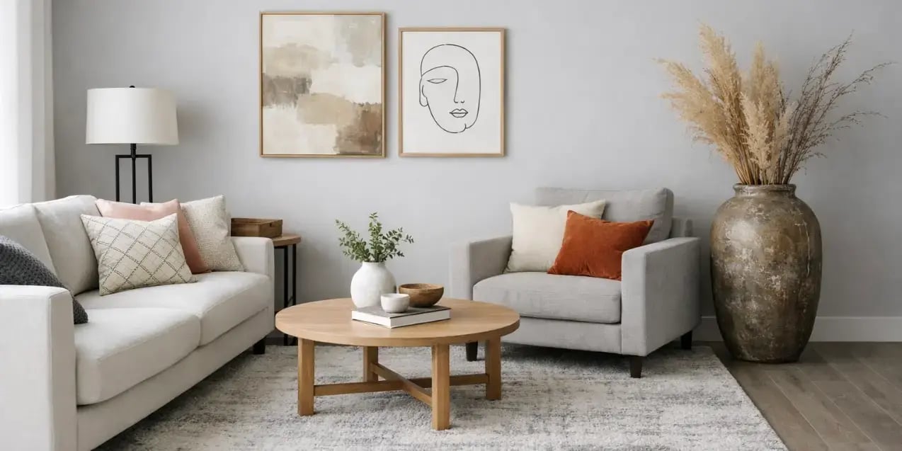 imagen de una sala con paredes en tono gris claro y con sillones sobre una alfombra y con cojines a un lado un jarron