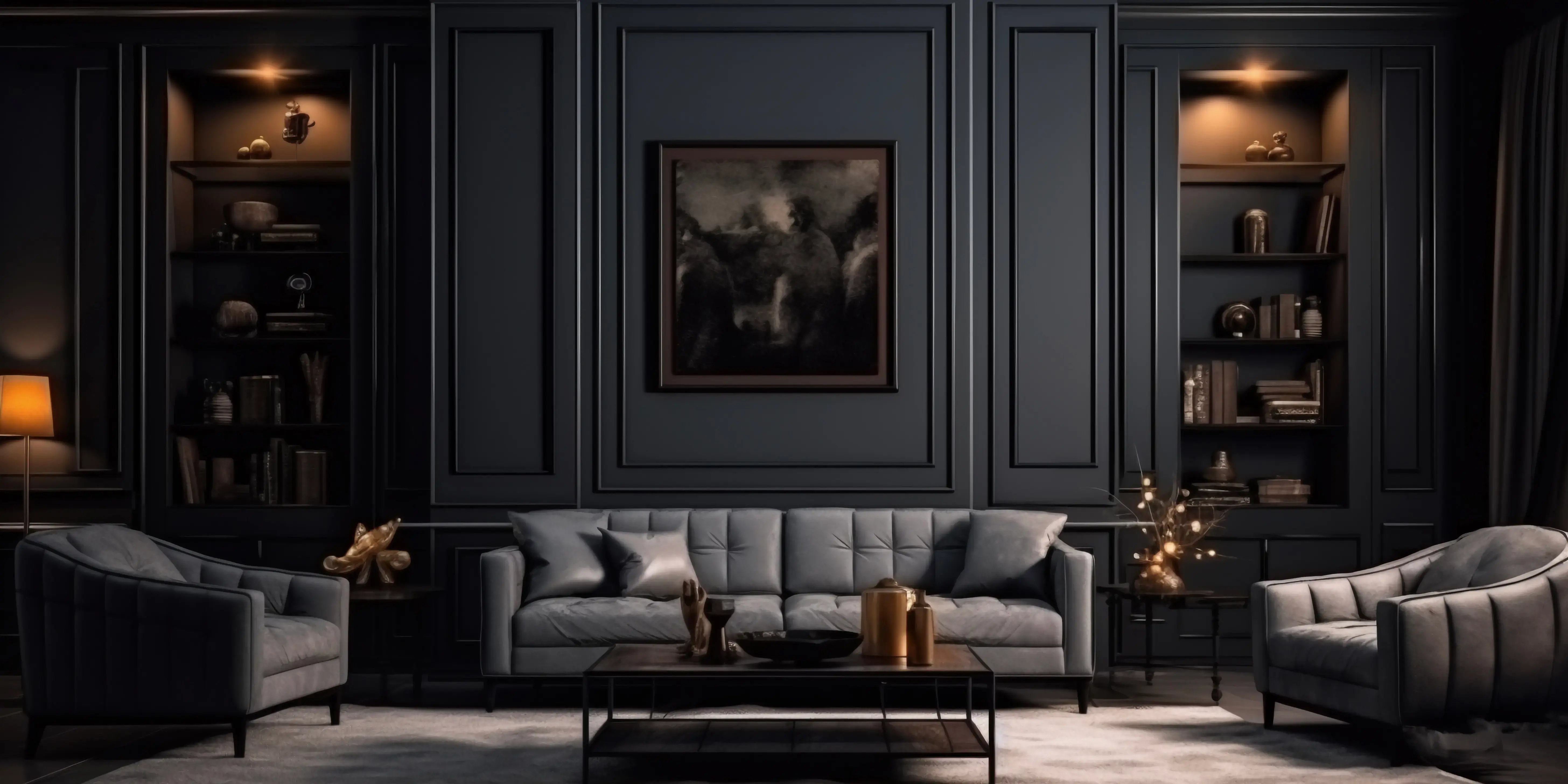 Sala en colores negros y grises. Estilo Eerie