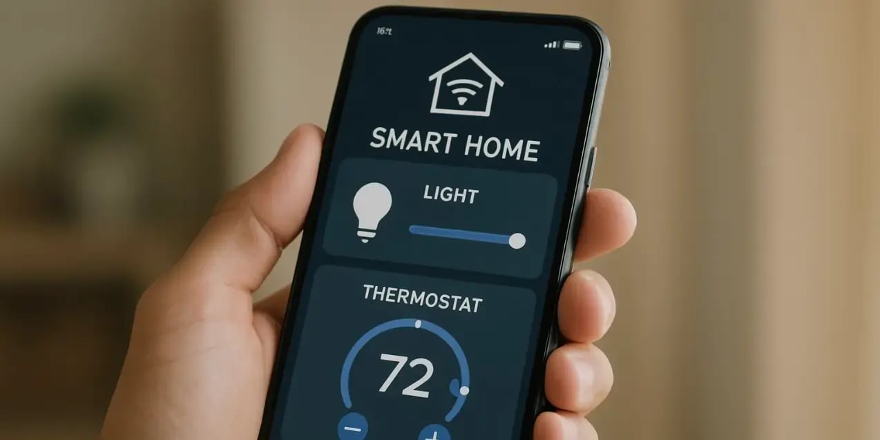 la imagen de una mano sosteniendo un smartphone que tiene una app para controlar la luz y termostato de una casa