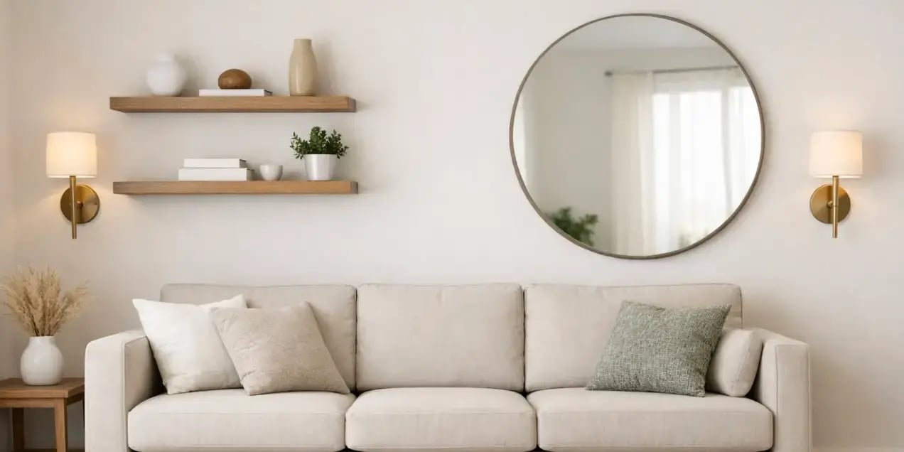 magen de una sala con repisas flotantes con pocos objetos adems un espejo para que se vea mas luz y lamparas en la pared  (1)