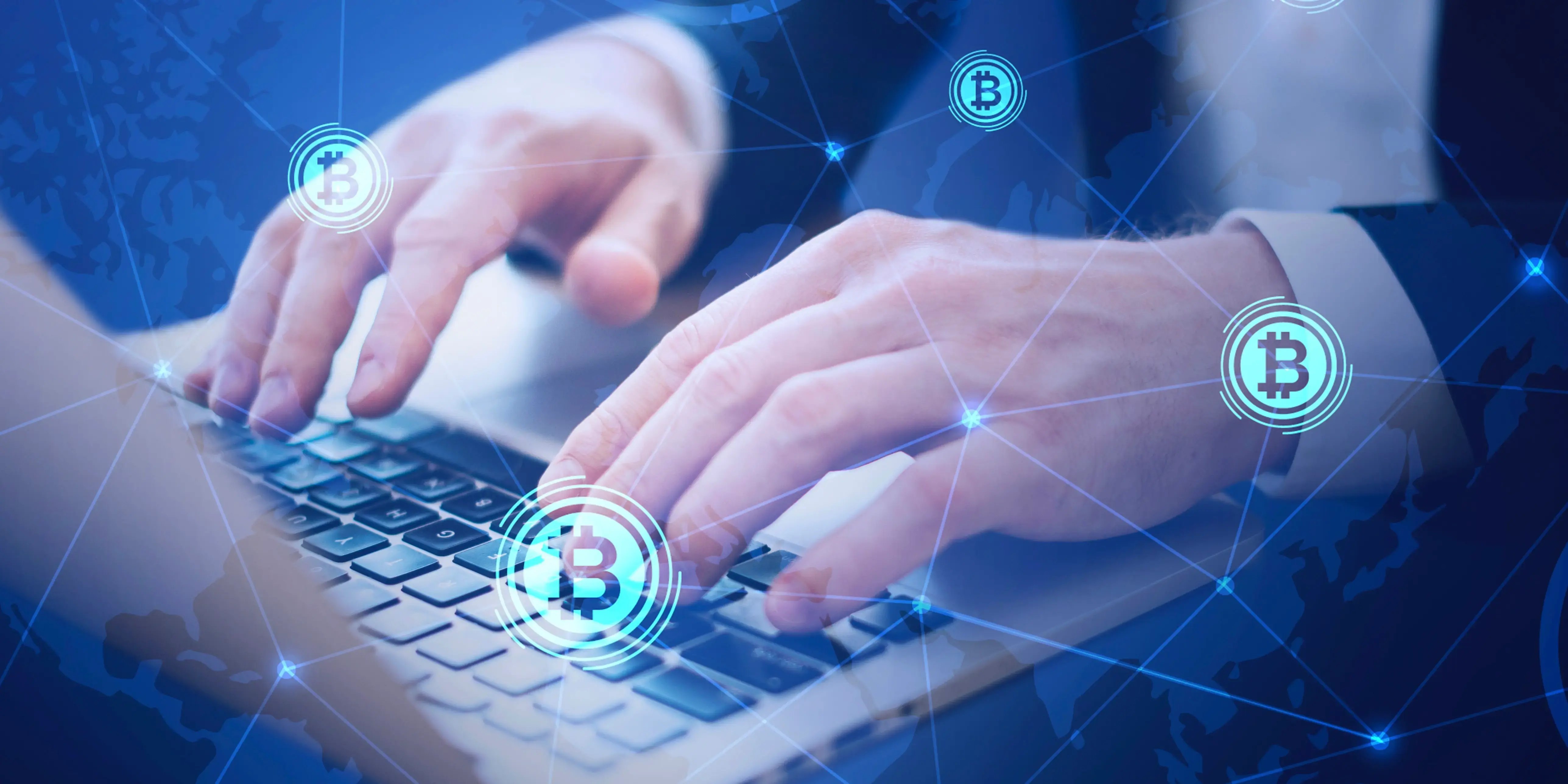 Hombre en computadora. Blockchain
