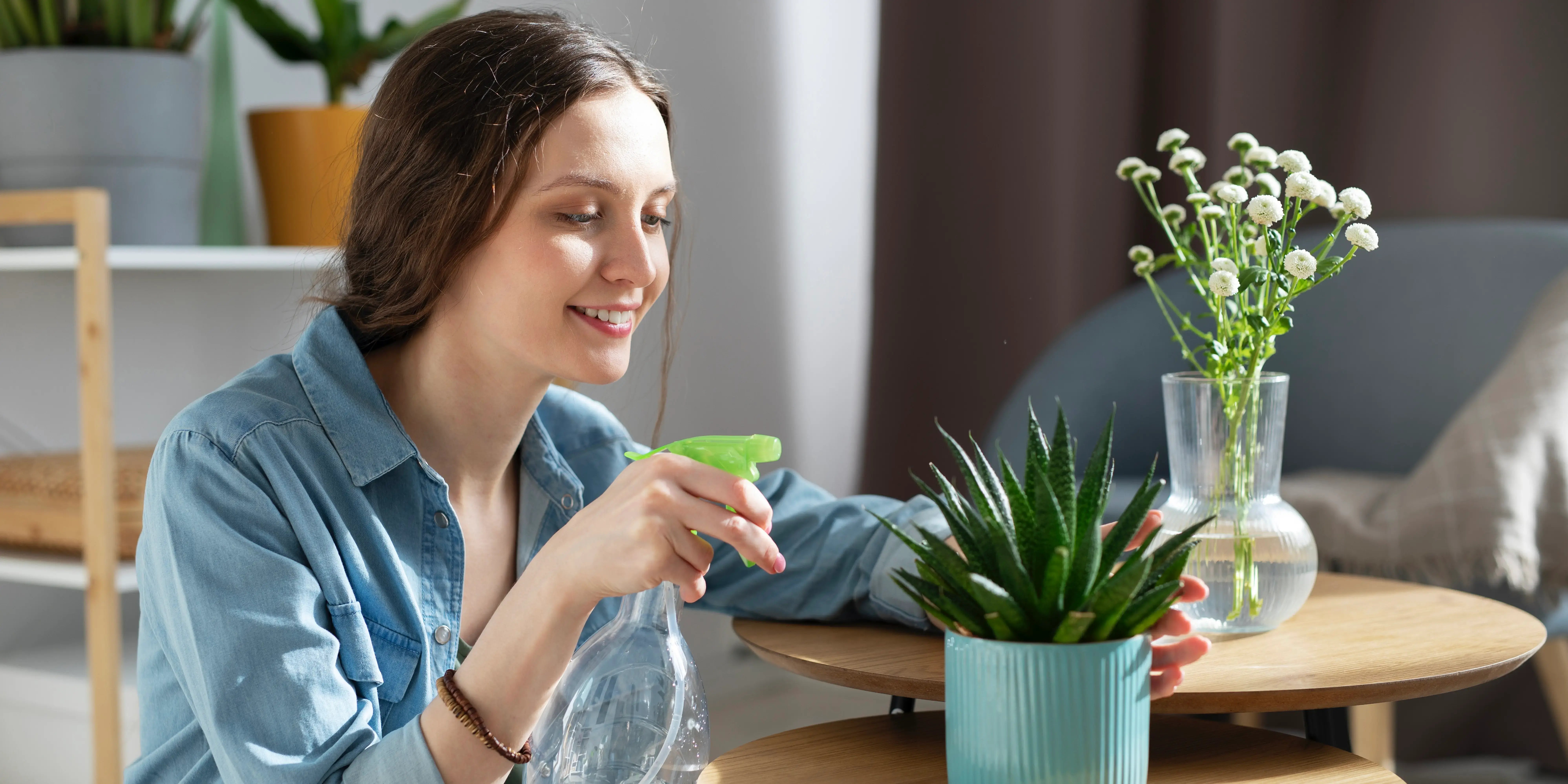 Mujer echándole agua a una planta en maceta arriba de una mesa. Fusiona naturaleza con tu casa