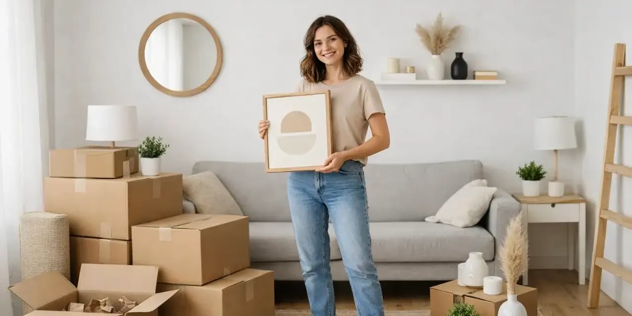 mujer con cajas de mudanza en la sala de su casa y empezando a decorar con estilo minimalista