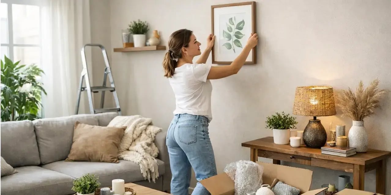 mujer decorando la sala de su nueva casa