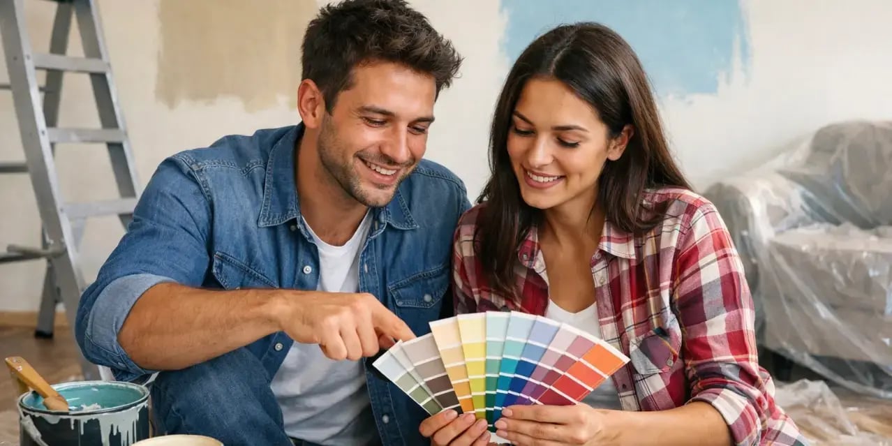 pareja eligiendo la paleta de colores para pintar su casa
