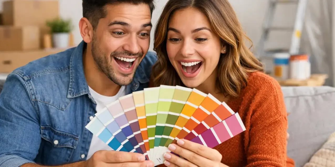 pareja emocionada viendo las diferentes muestras de colores para pintar su casa