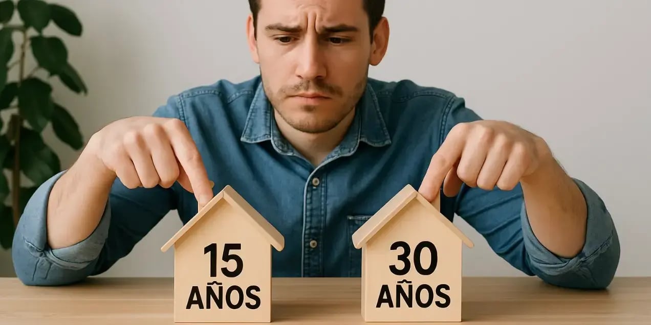 persona joven comparando 2 casas de madera sobre una mesa una dice 15 anos y otra casa dice 30 anos