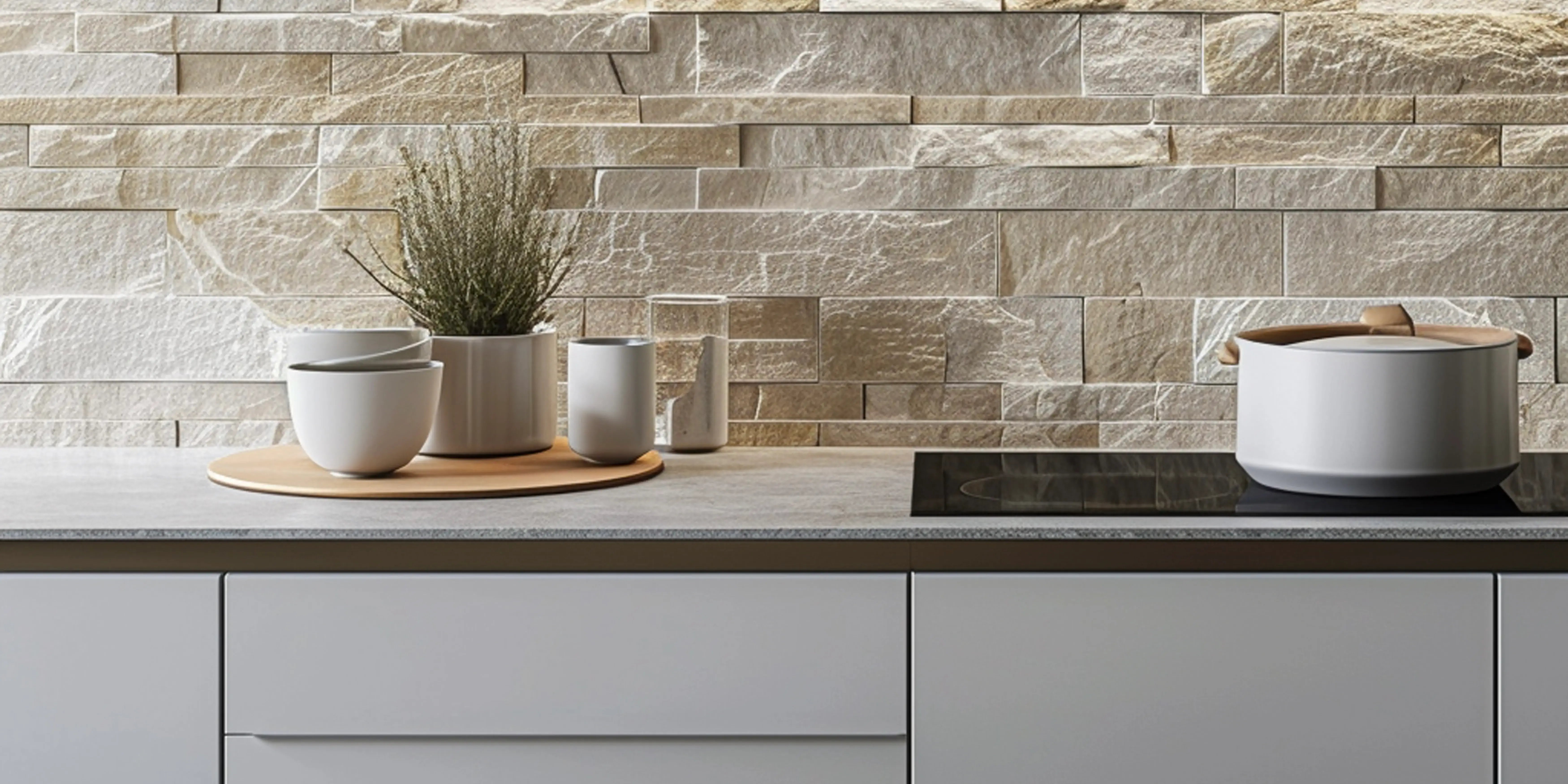 Cocina con pared de piedra. Decoración atemporal
