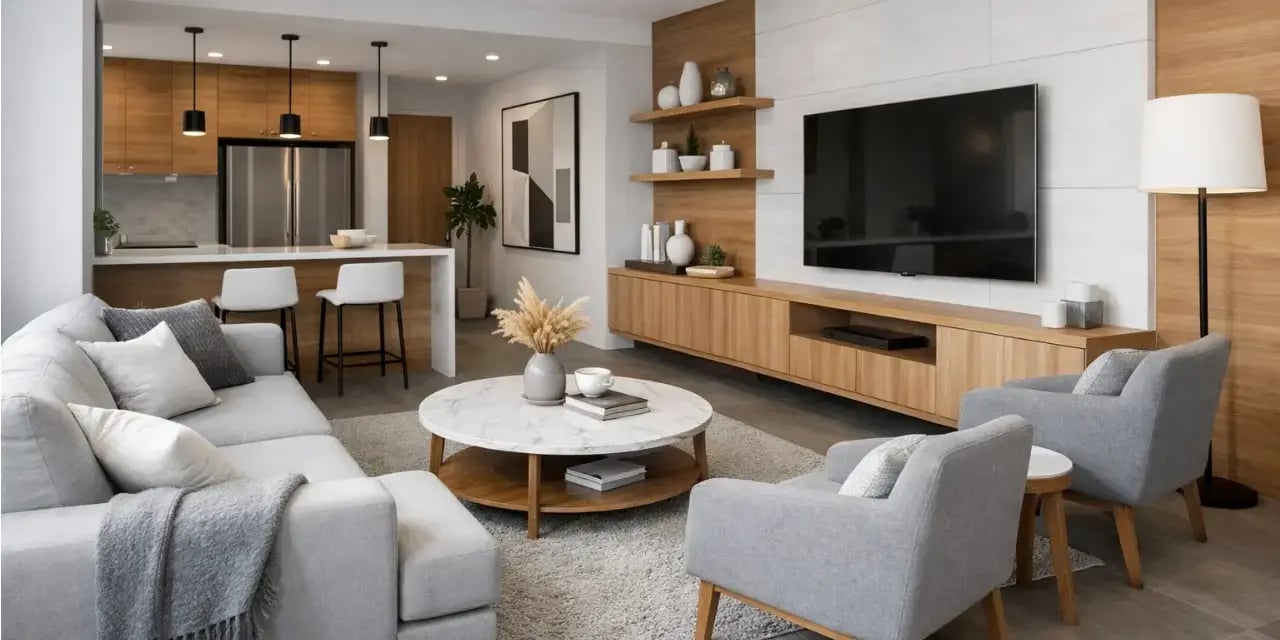 sala de departamento con colores blanco gris y madera