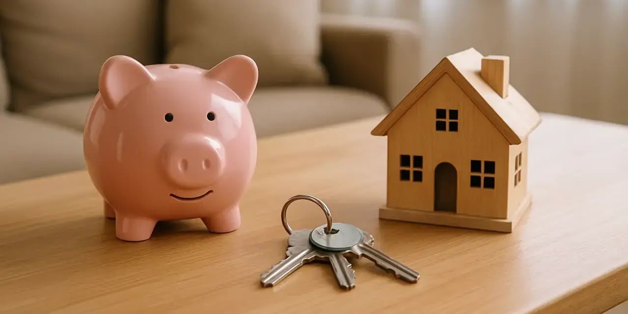 sobre una mesa en la sala de una casa se encuentran las llaves de una casa una alcanca de marrano y una casa de madera