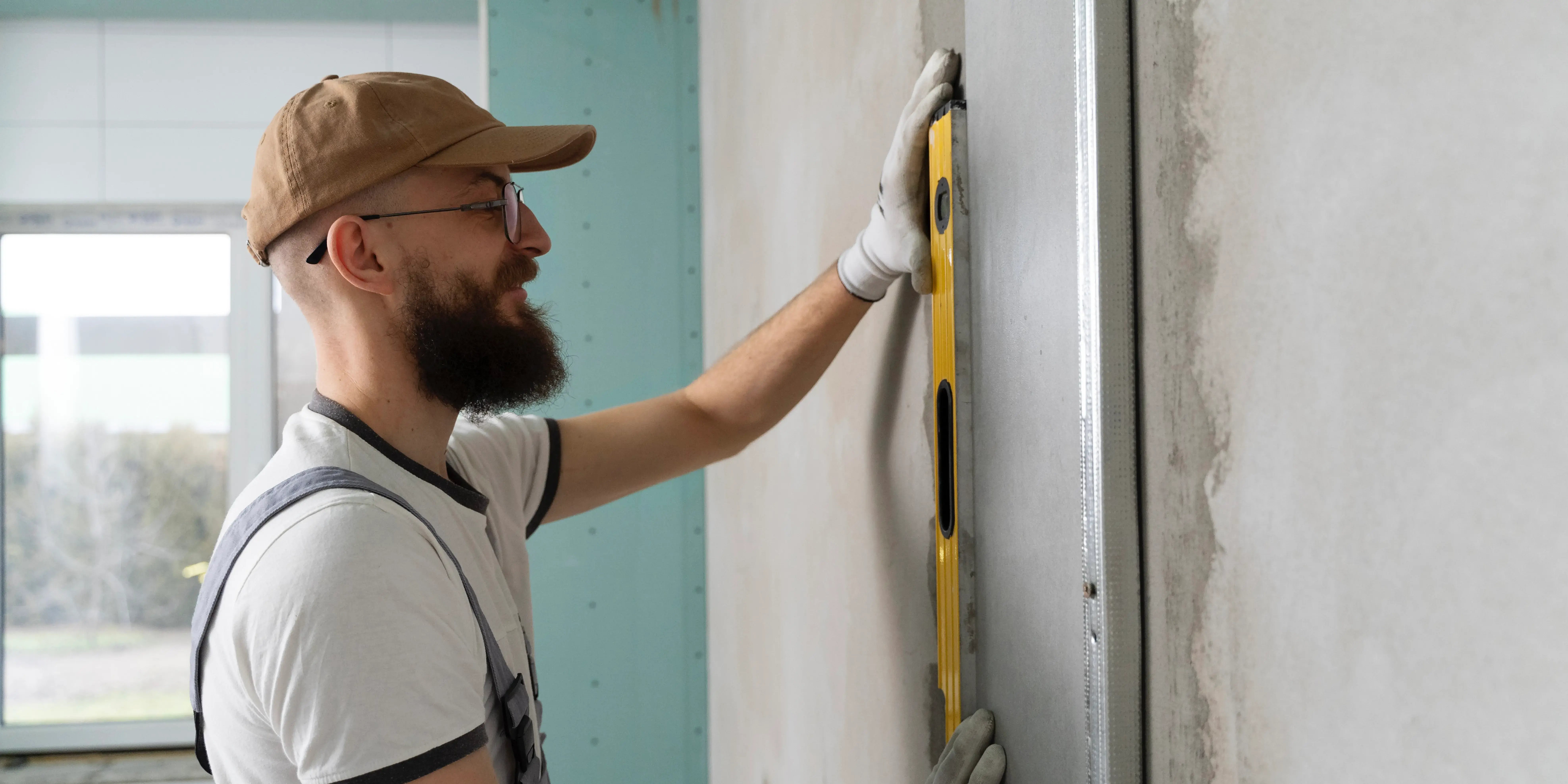 Hombre con un nivelador en la pared. Problemas estructurales.