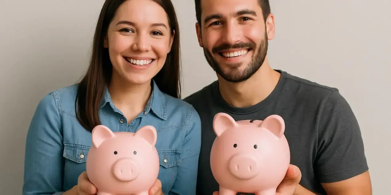 una pareja sosteniendo en la mano una alcanca de marrano cada uno